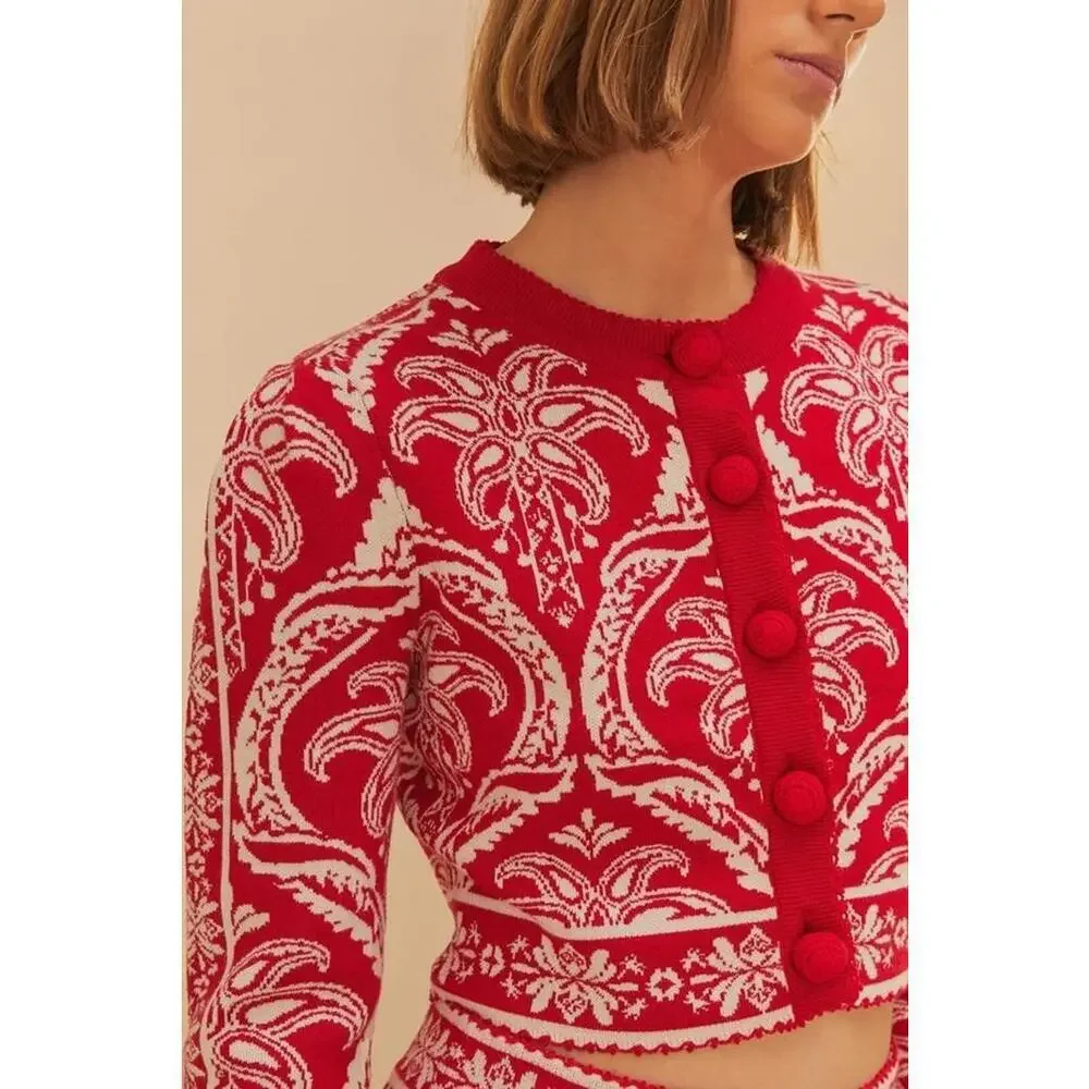 Farm Rio Red & Off White Tropical Jacquard Knit Cardigan Sweater Size XLarge - Picture 4 of 4